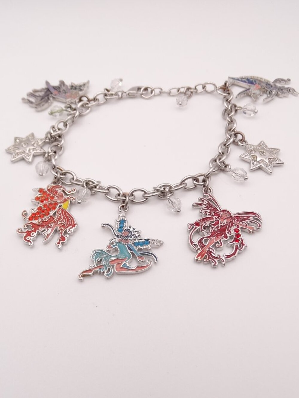 Rhinestone Enamel Silver Tone Fairy Charm Bracelet 8"